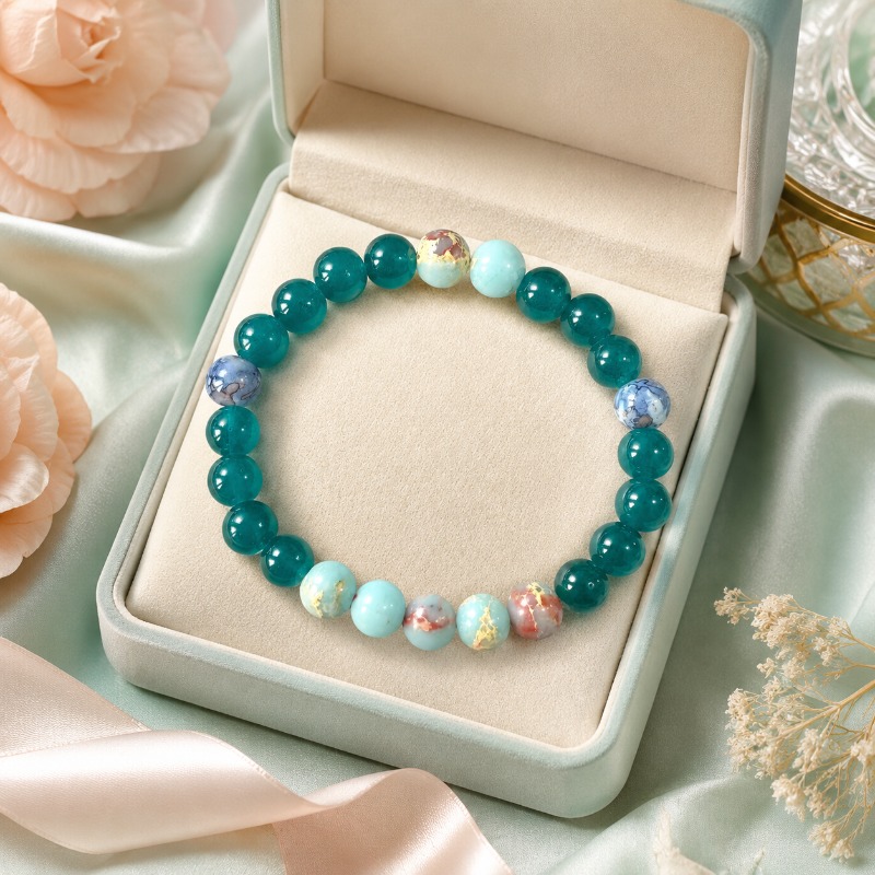 Green Chalcedony Mixed Color Bead Bracelet, Unisex Gift
